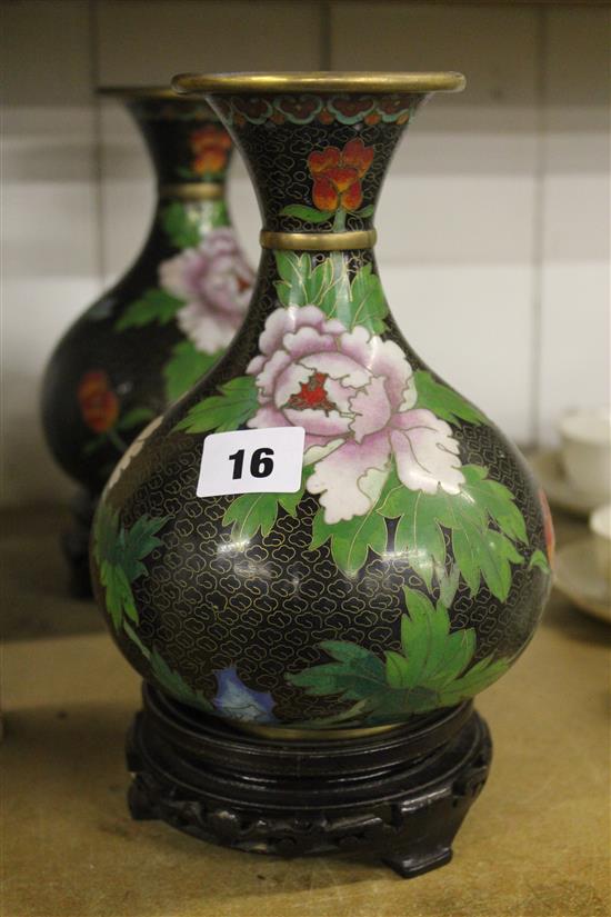 Pair of cloisonne enamel black ground bottle vases